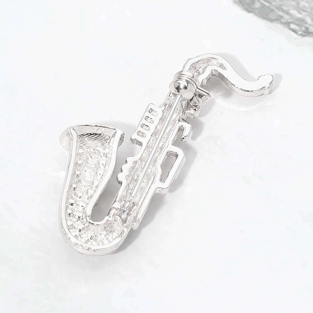 Rhinestone Pave Saxophone Pin Brooch