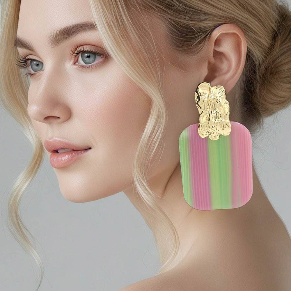 Oversized Patterned Celluloid Acetate Plate Accent Doorknocker Earrings: Gold Pink&Green