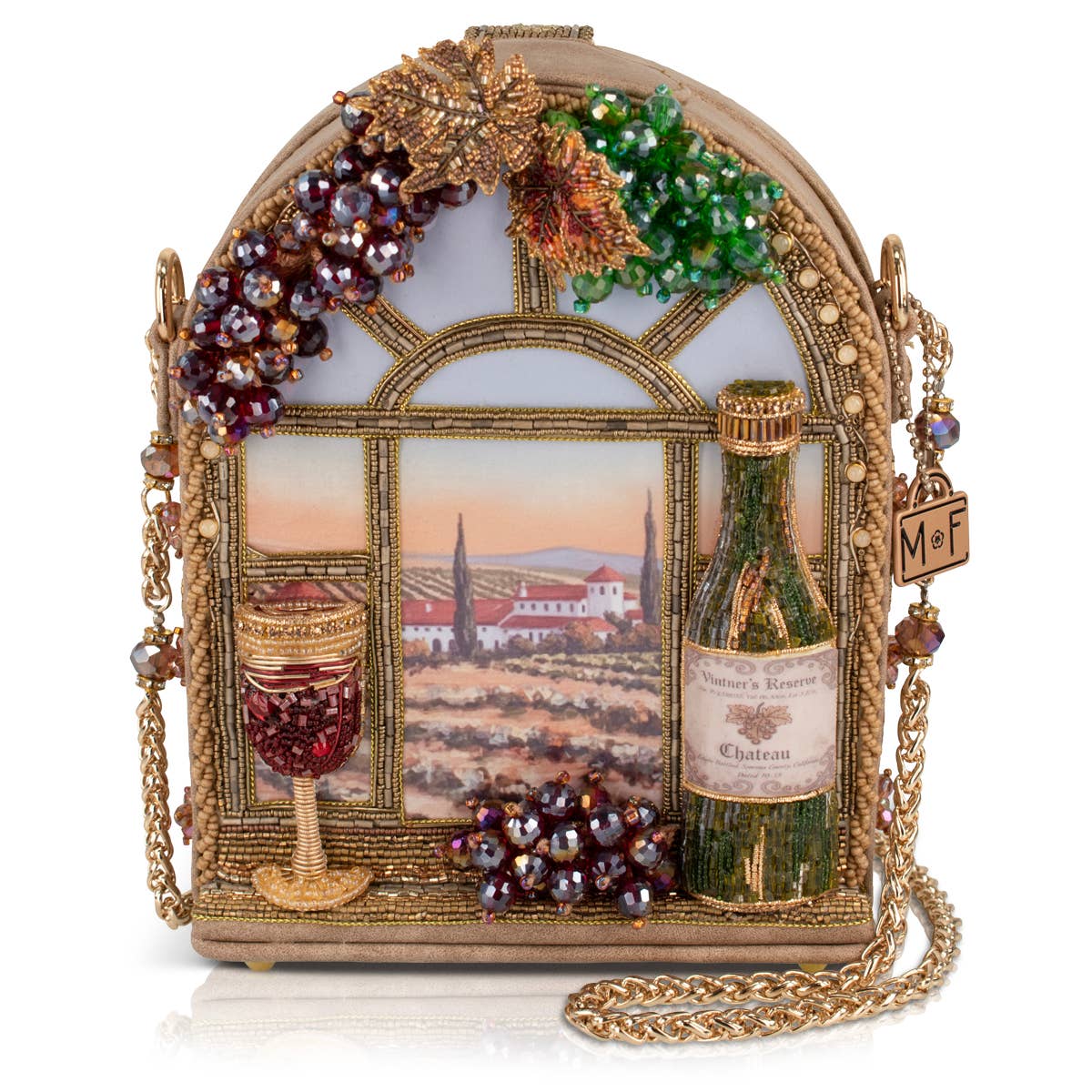 Wine Country beaded wine bottle and glass crossbody bag
