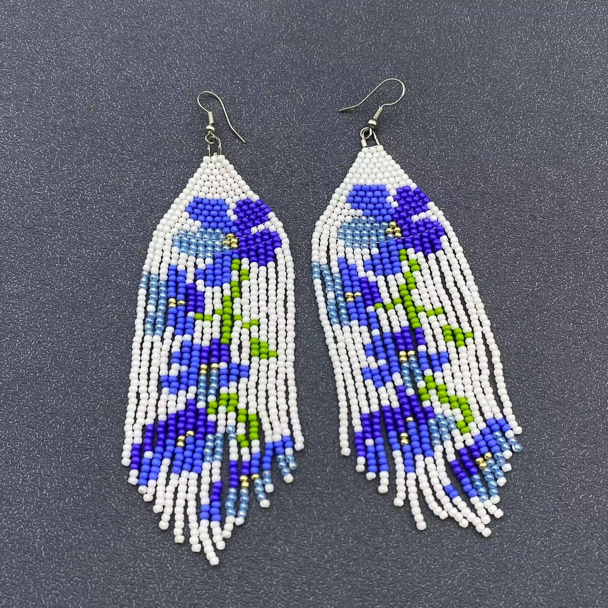 Hand-woven Blue Flowers Seed Beads Fringe Earrings - SB