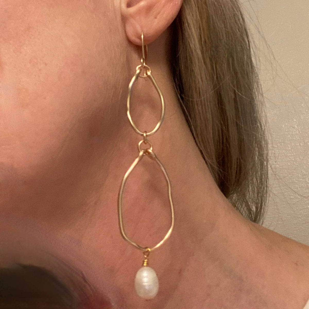 Pearl - Double Gold Hoop Earrings with Pearl Handmade Organic