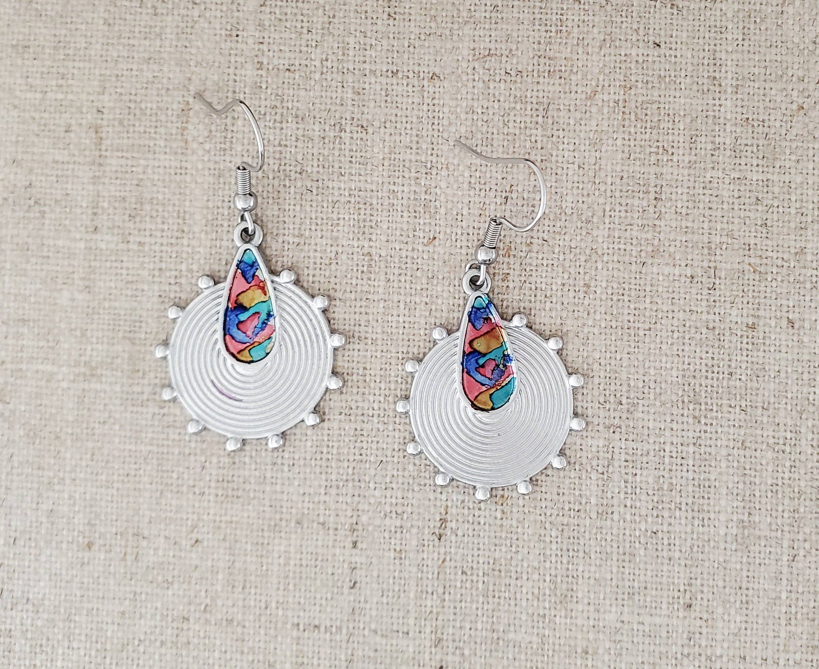 Alcohol Ink Stainless Steel Circle & Teardrop Earrings
