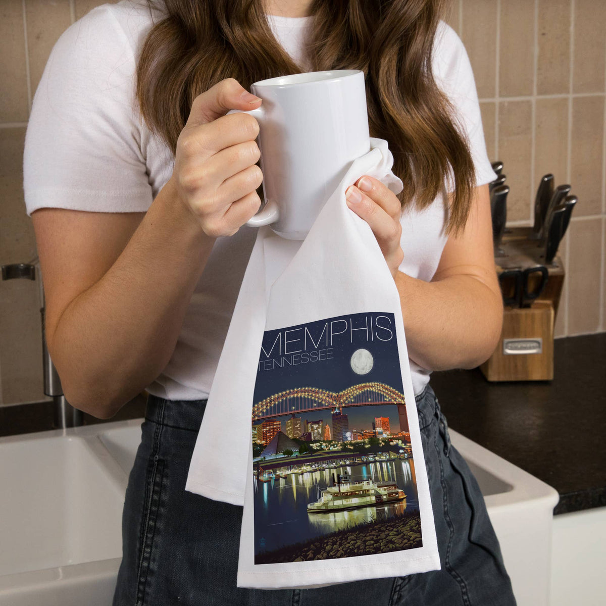 ORGANIC TEA TOWEL Memphis, Tennesseee, Skyline at Night