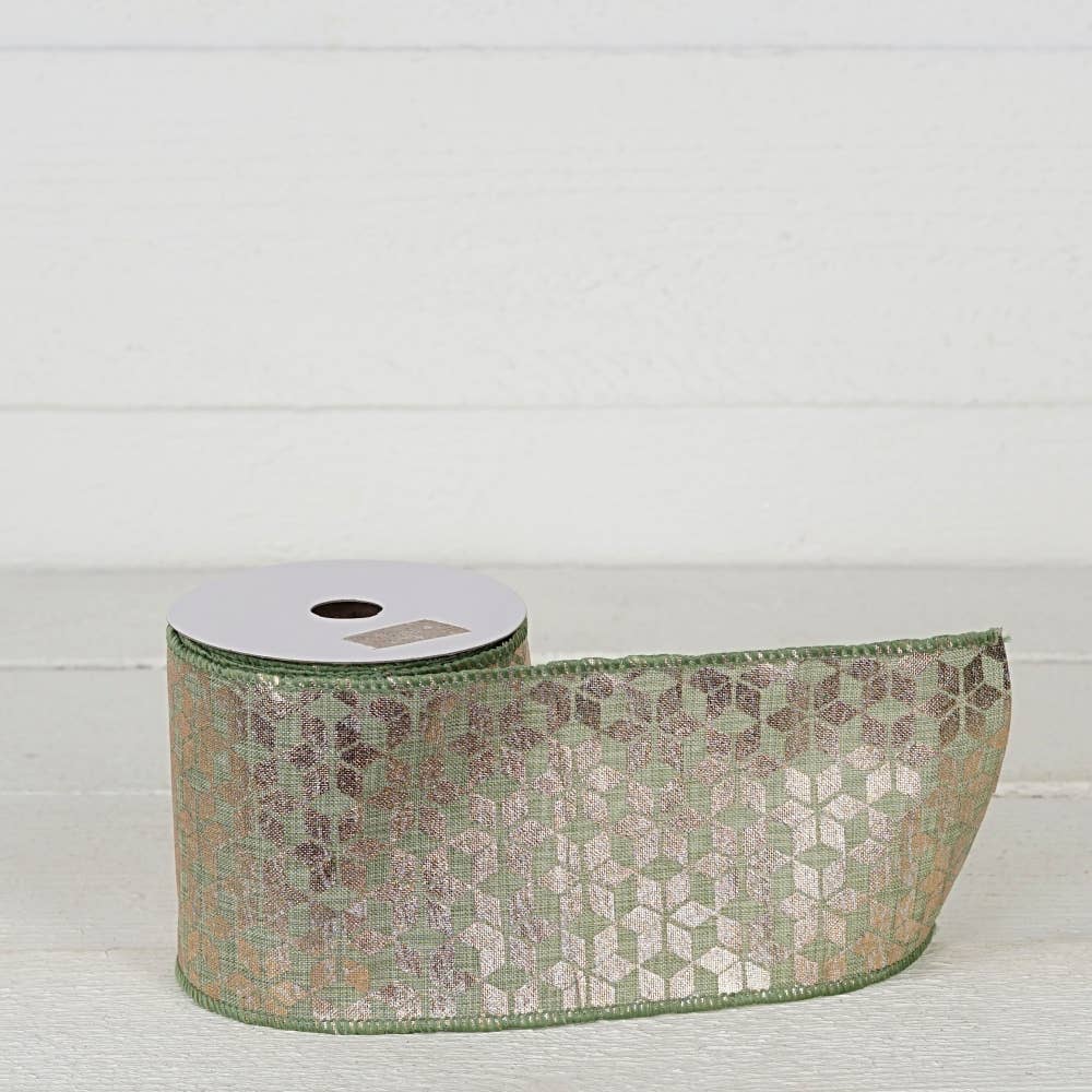 Wired Ribbon-Sage Green w. golden hexagon (4inW)