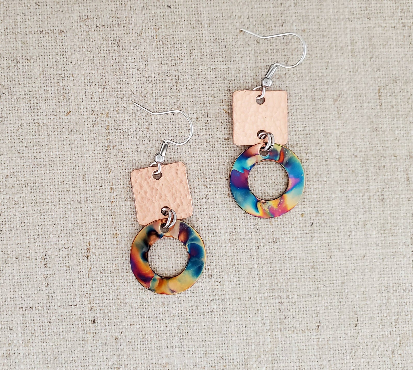 Flame Paint & Hammered Copper Circle Connector Earrings