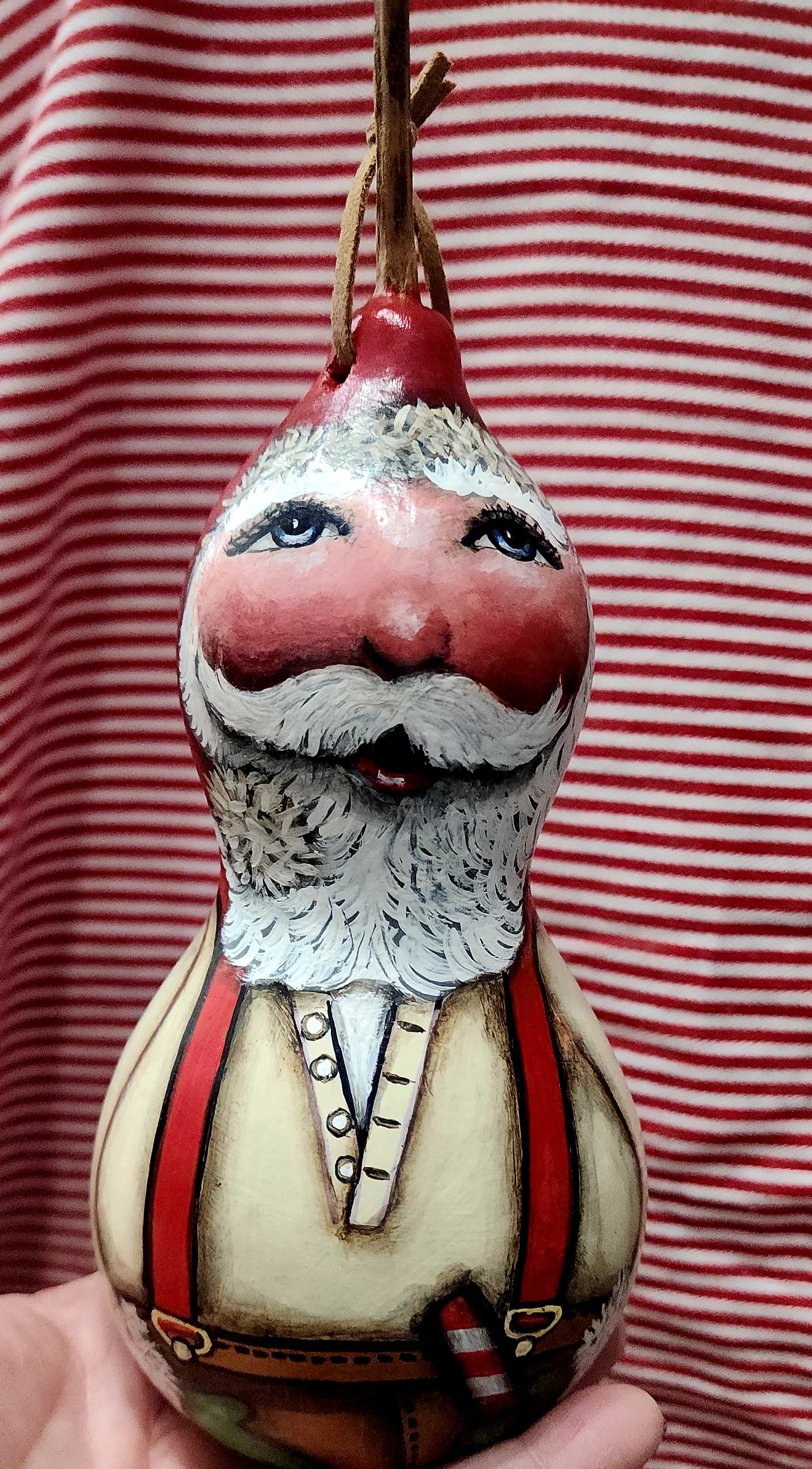 8.5"  Christmas Red Suspenders Santa Gourd, hand painted by local Memphian DJ Kelly