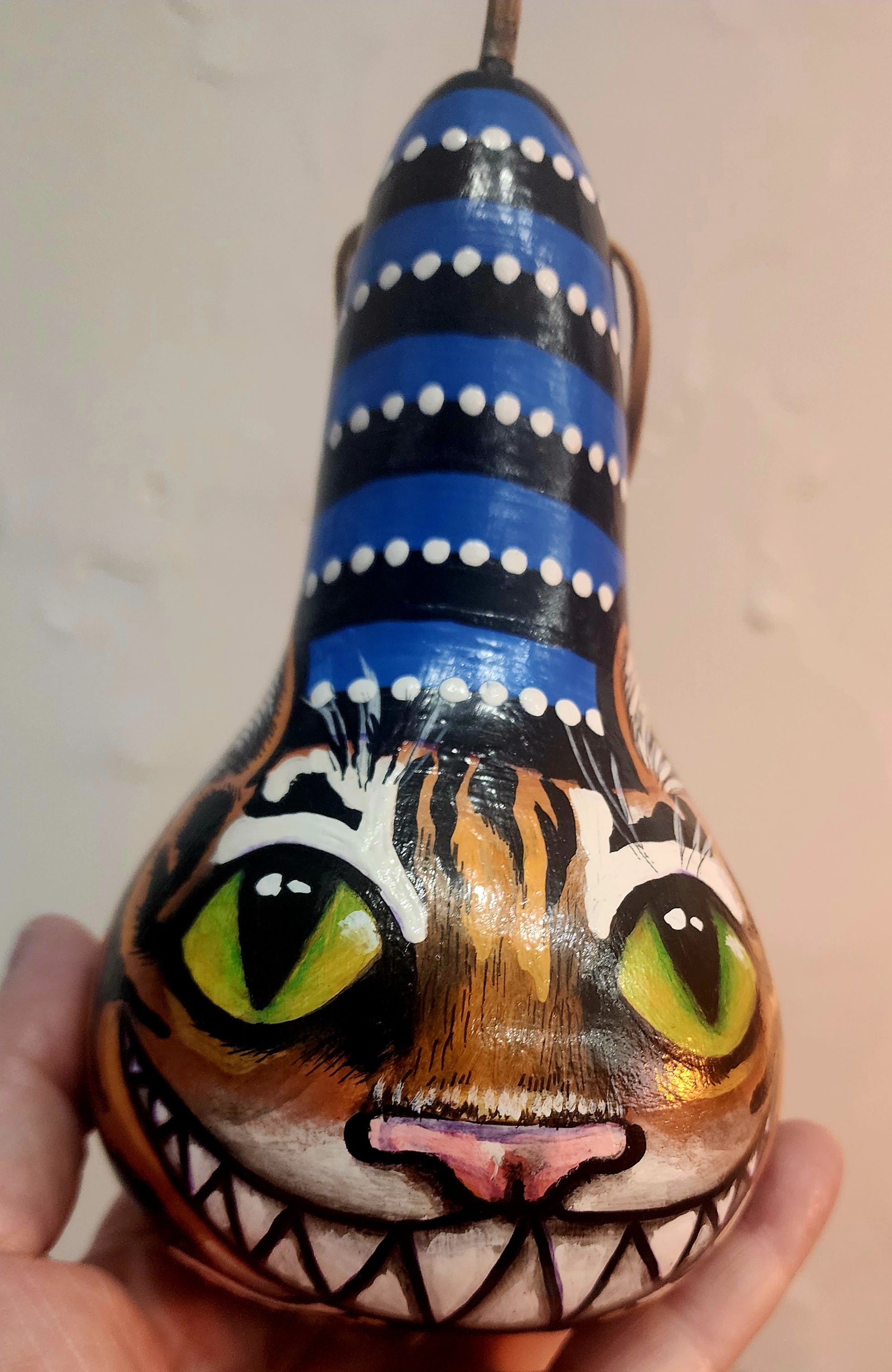 7" U of M Cheshire tiger ornament painted gourd by local Memphian DJ Kelly