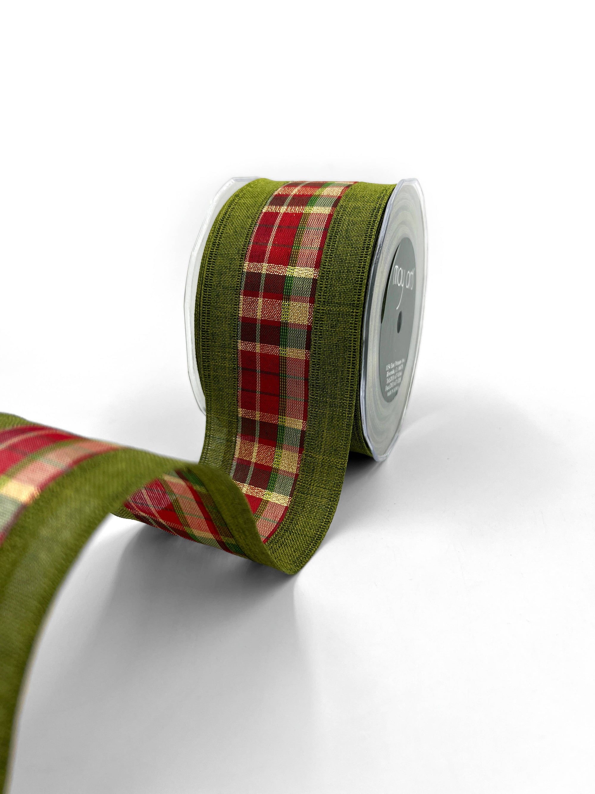 2.5" Olive Green Metallic Tartan Wired Ribbon