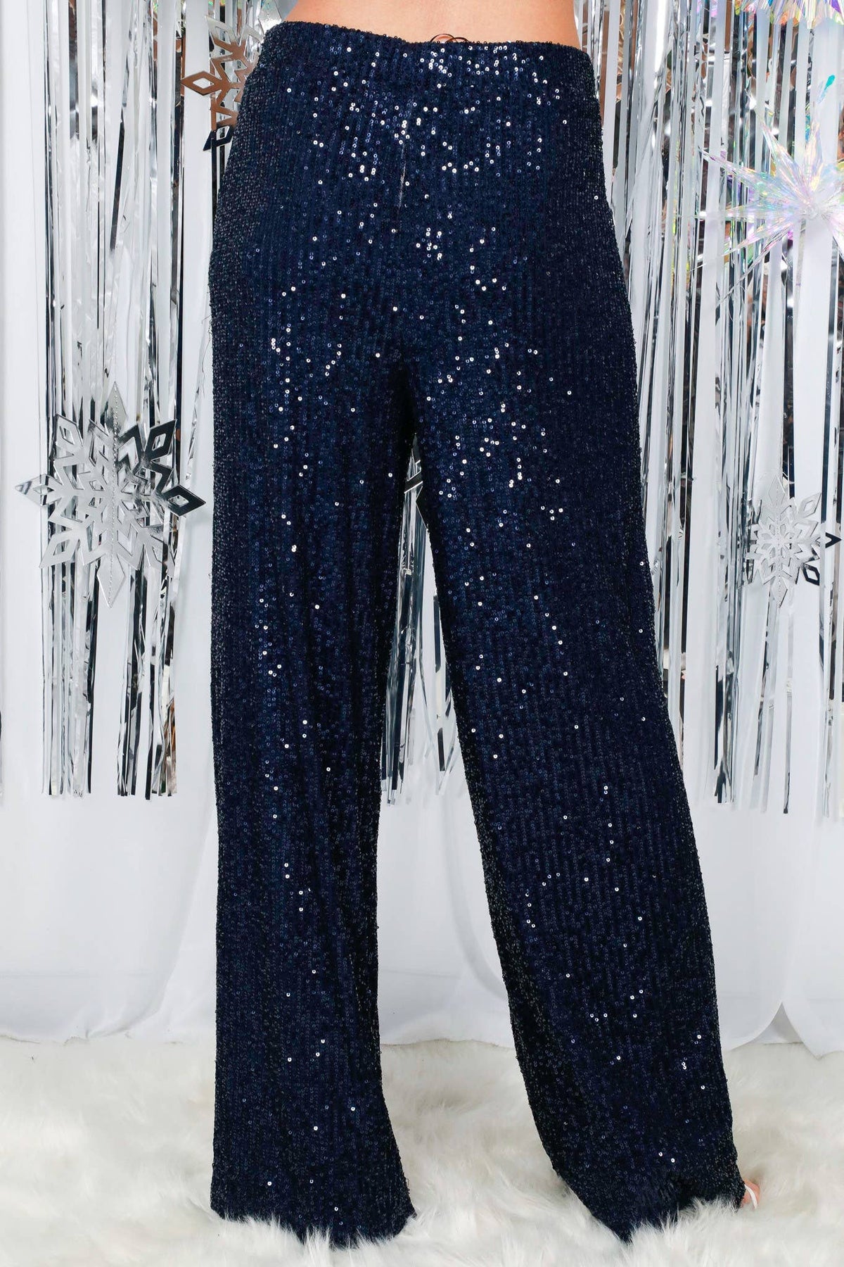Sequined Straight Wide-Leg Pants Black