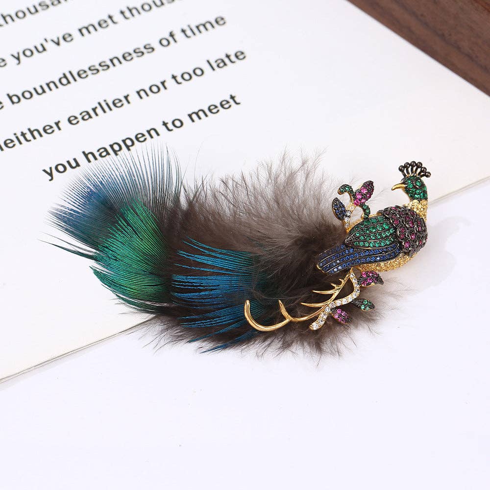 Rhinestone Feather Peacock Brooch