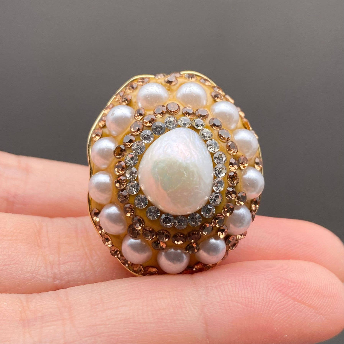 Pearl &amp; Rhinestone Inlaid Adjustable Ring