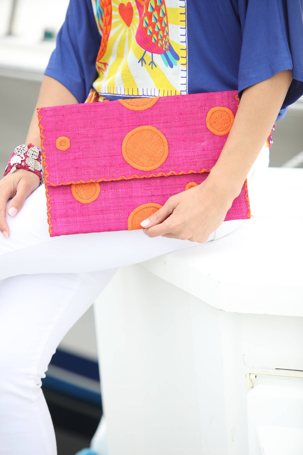 Polka Dot Straw Envelope Clutch Purse: Fuschia