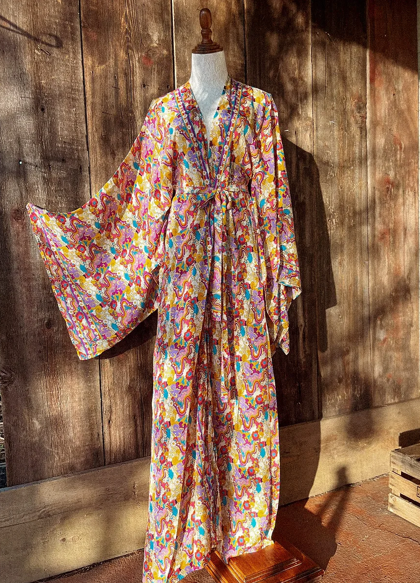 Rainbow Hippie Boho Psychedelic Kimono, Duster Robe