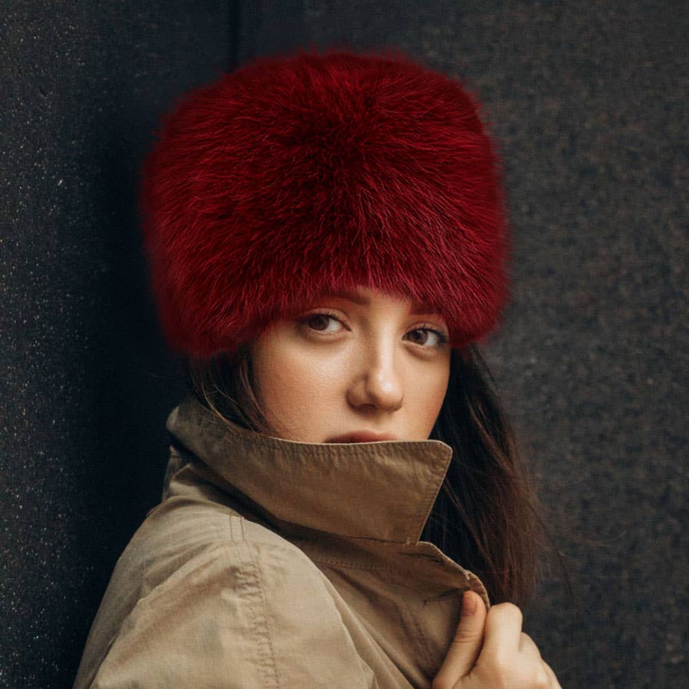 Faux Fur Furry Cossack Style Winter Hat: Burgundy