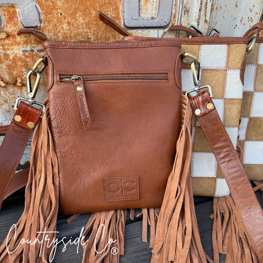 Stockdale Checkered Cowhide Fringe Purse, Brown &amp; White