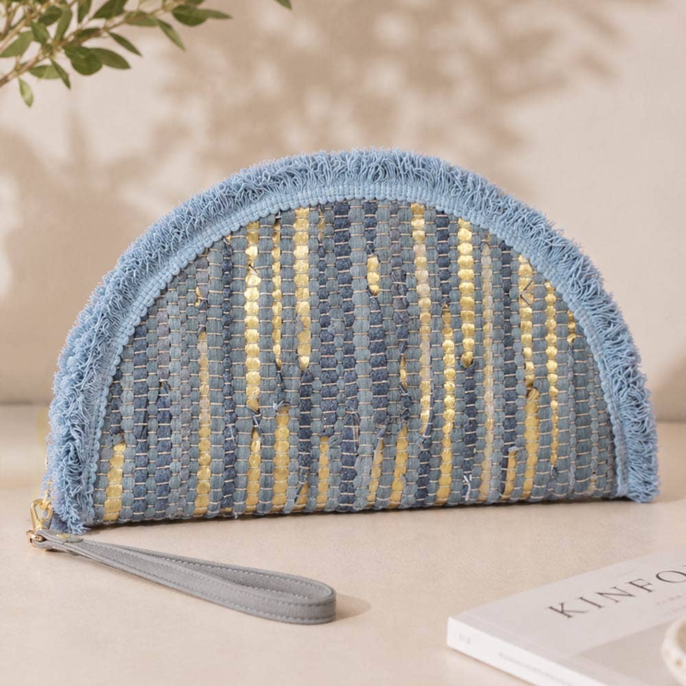 Boho Fringe Textured Half Moon Clutch Bag