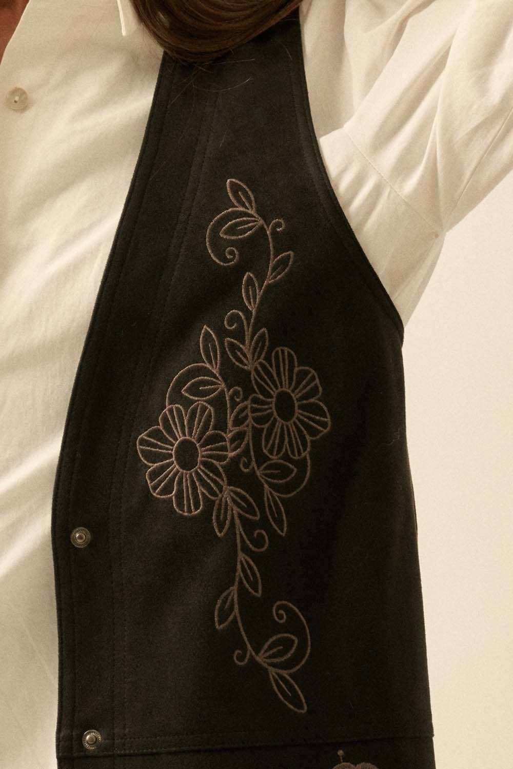 Floral-Embroidered Faux Suede Snap-Front Vest