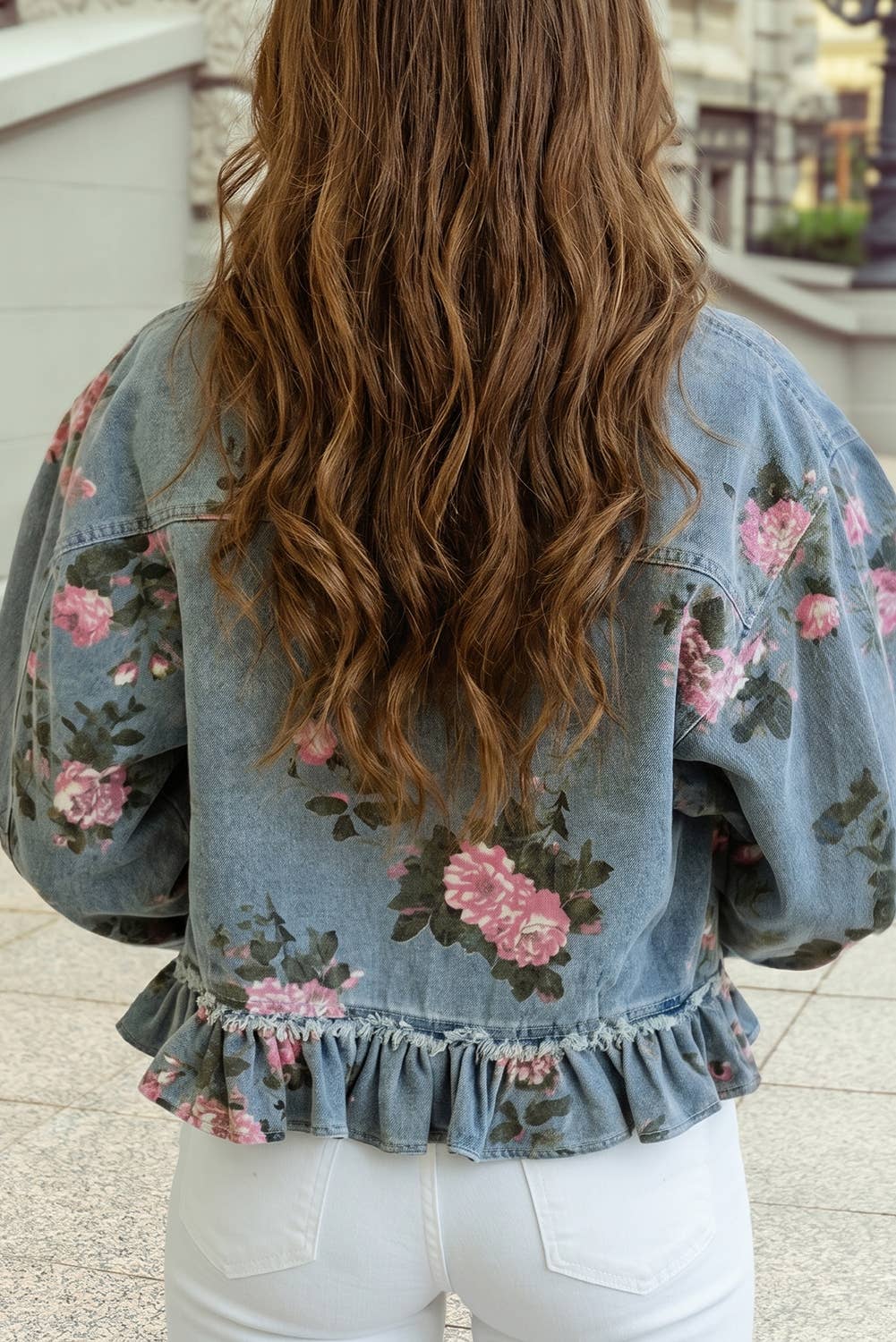 Floral Print Ruffled Denim Jacket