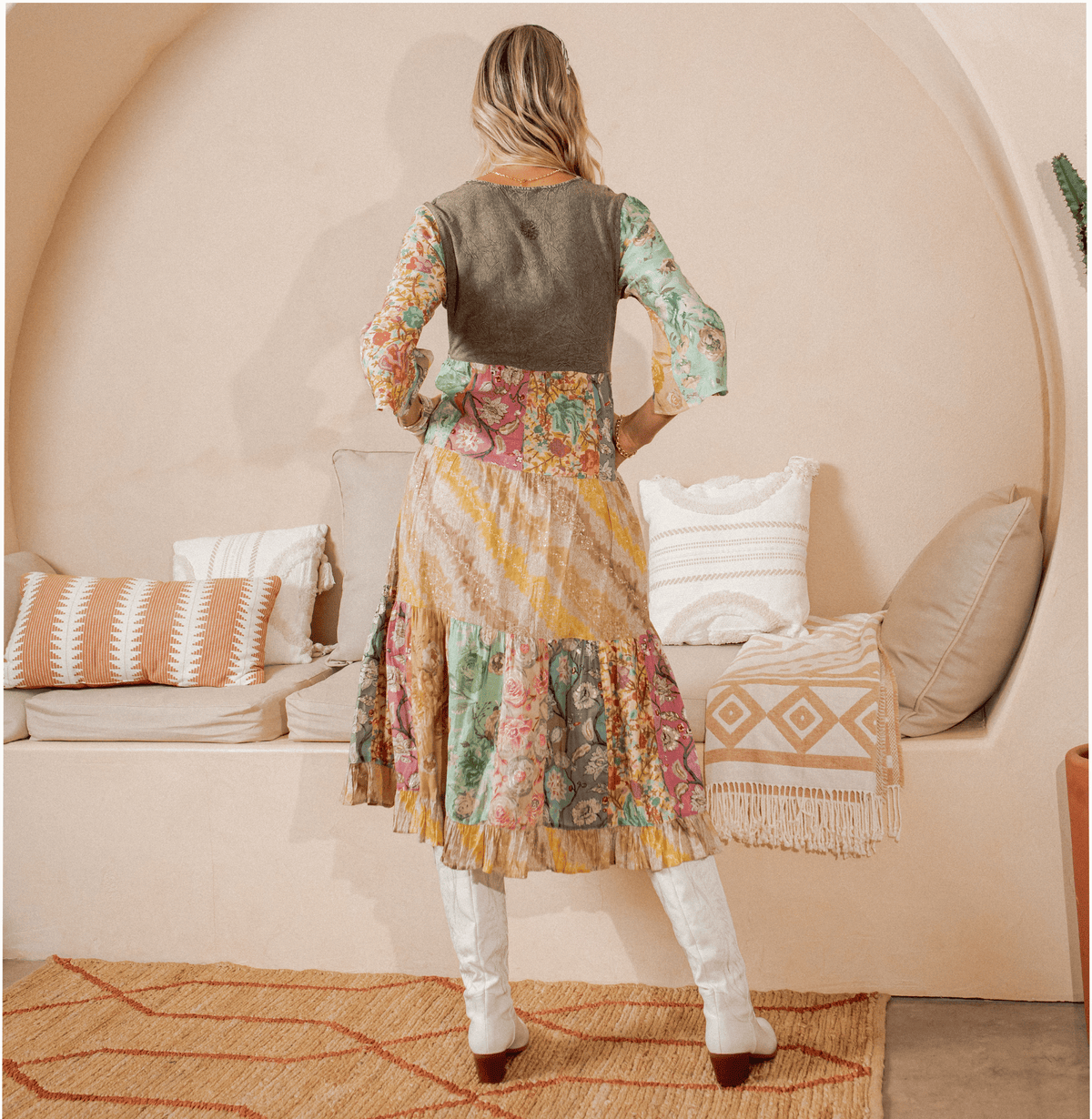 Rustic Bohemian : A-Line Patchwork Midi Dress