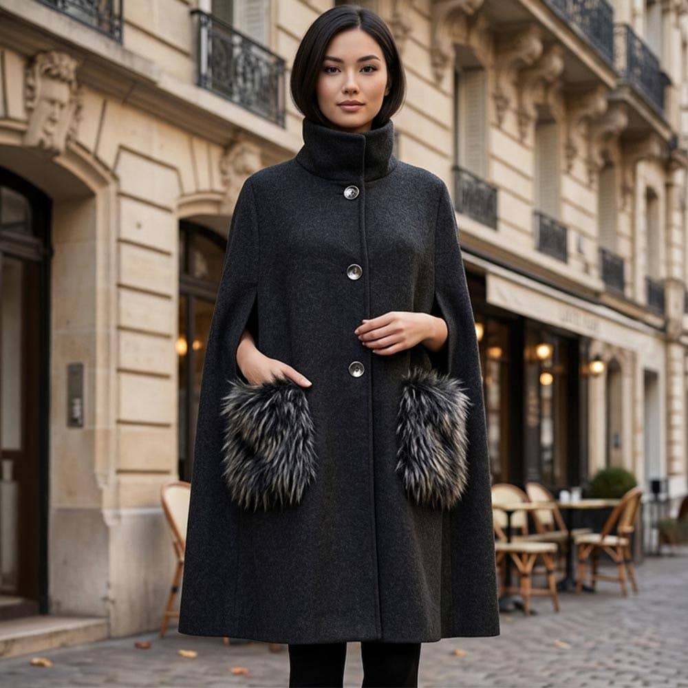 Elegant Faux Fur Pocket Cape Coat Poncho