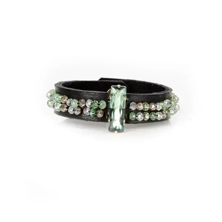 Emerald Crystal Beaded Leather Cuff Bracelet
