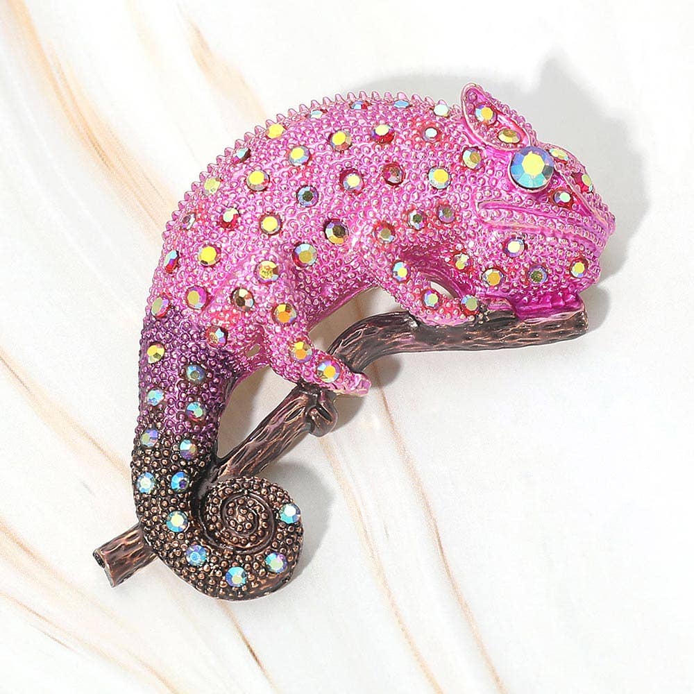 Rhinestone Embellished Chameleon Statement Pin Brooch