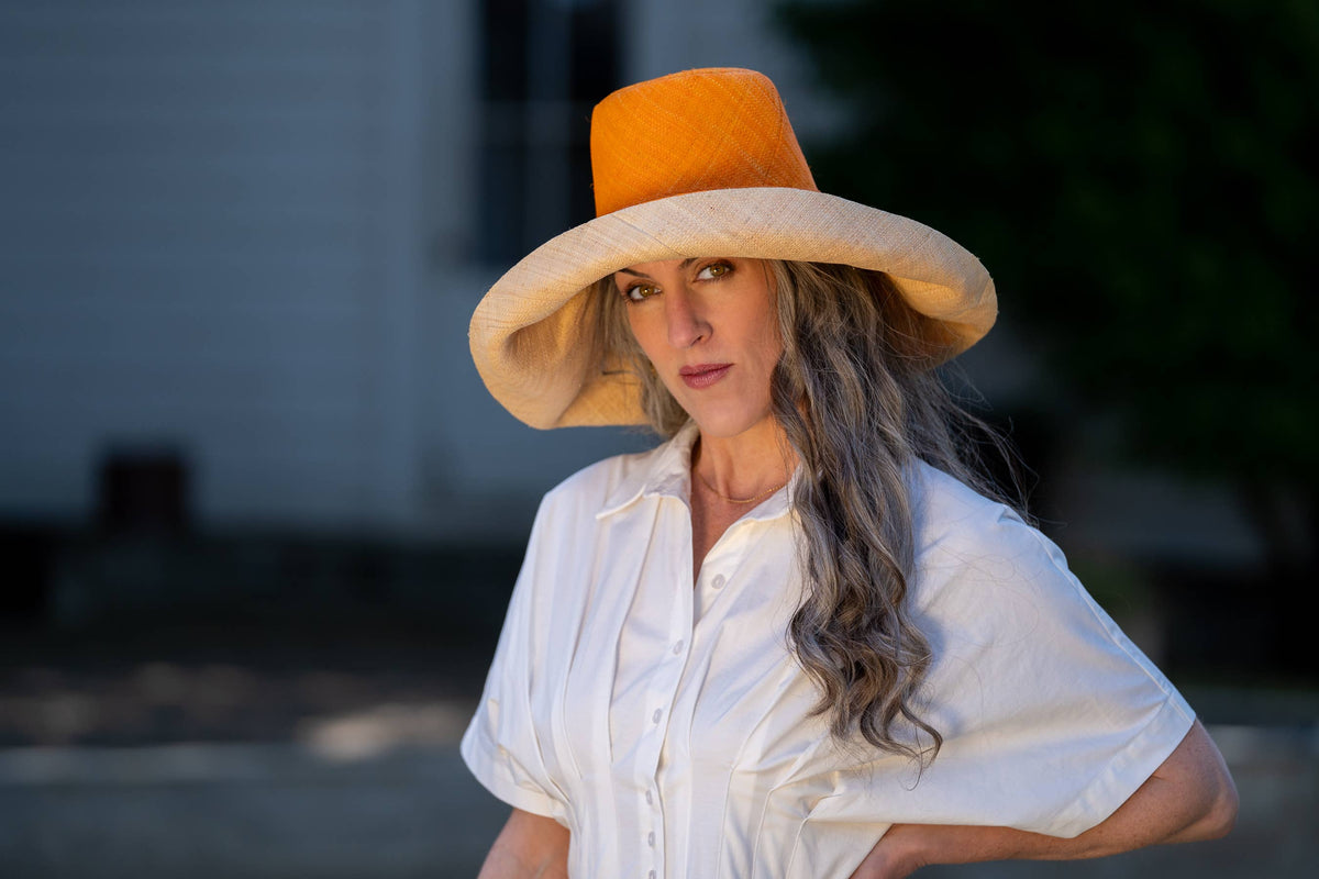 Monica  7" Wide Brim Two Tone Packable Straw Sun Hats