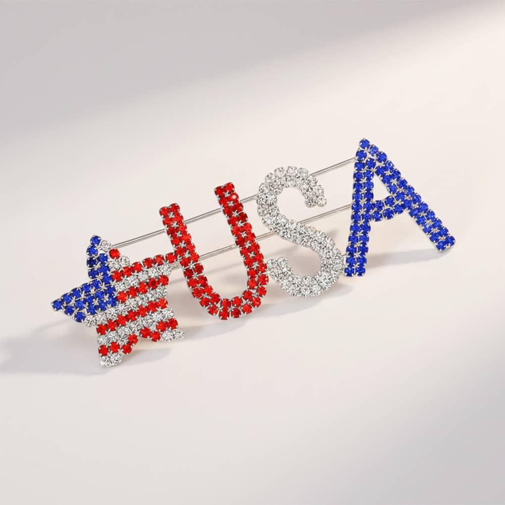 "USA" crystal rhinestone American flag star brooch