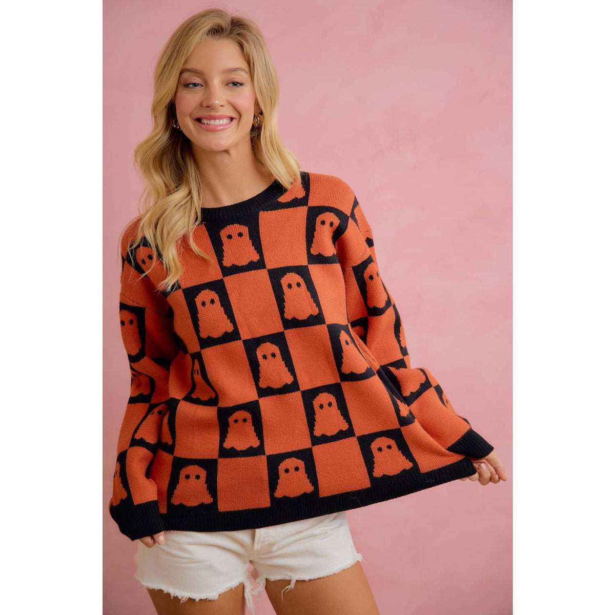 HALLOWEEN GHOST CHECKERBOARD KNIT SWEATER