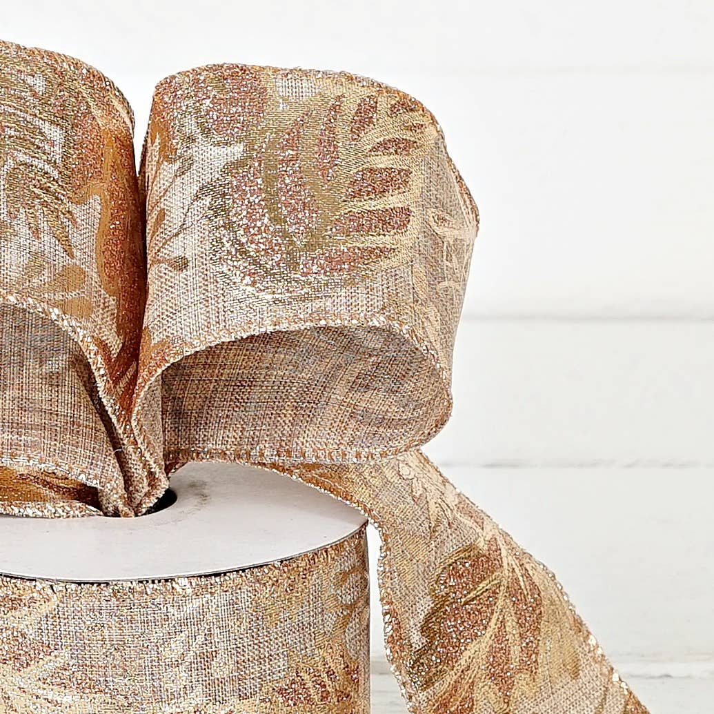 Wired Ribbon-Burlap-Metallic golden leaves (2.5inW)