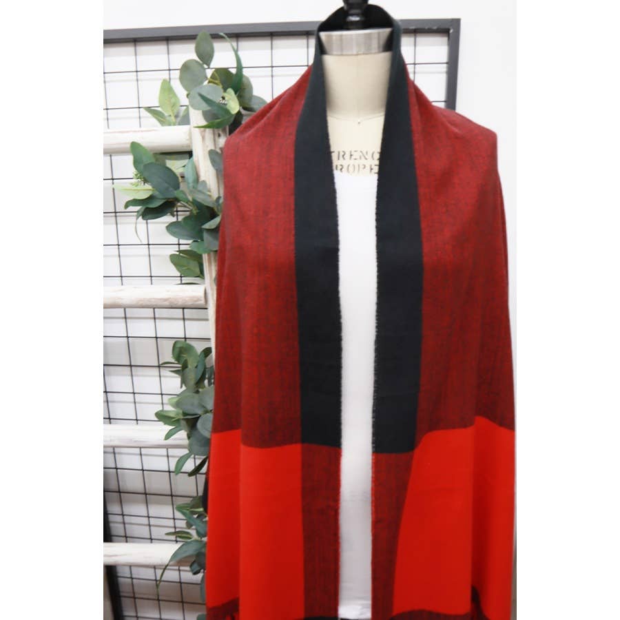 Two Tone Plaid Cashmere Scarf With Tassel: RED PLAID