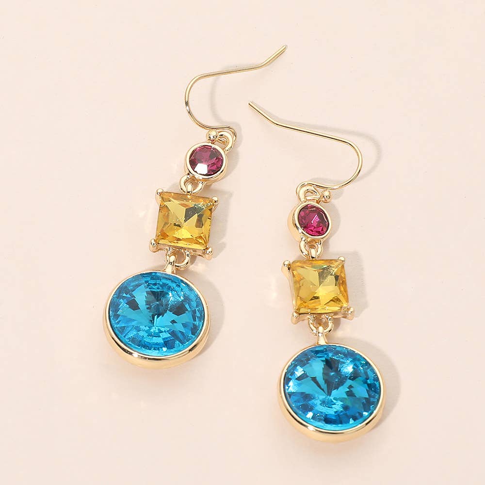 Square Round Geometric Stone Link Drop Earrings