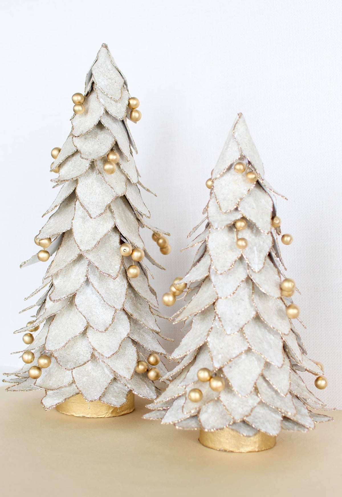 Flocked Kraft Leaf Tree w/Gold Beads (Ecru/Gold): 14"  STUNNING
