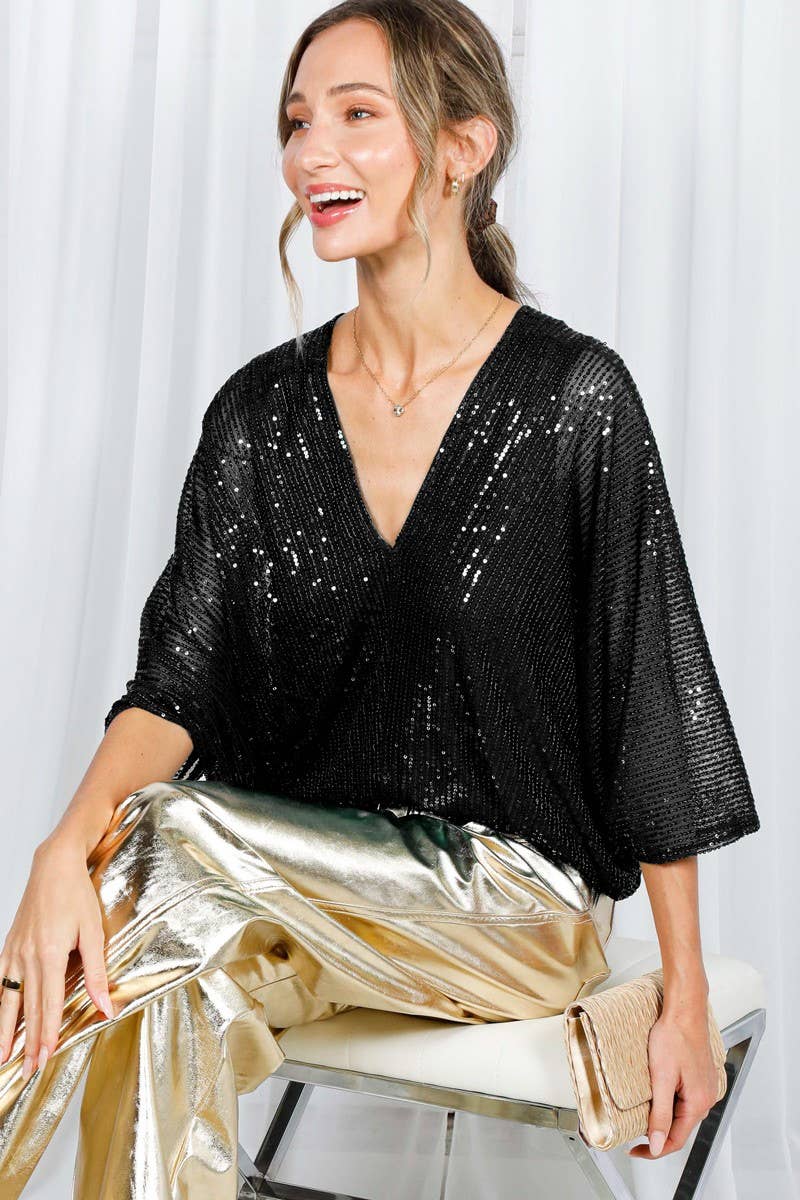 Allover Sequin Detail V-Neck Dolman Sleeve Blouse Top: Black