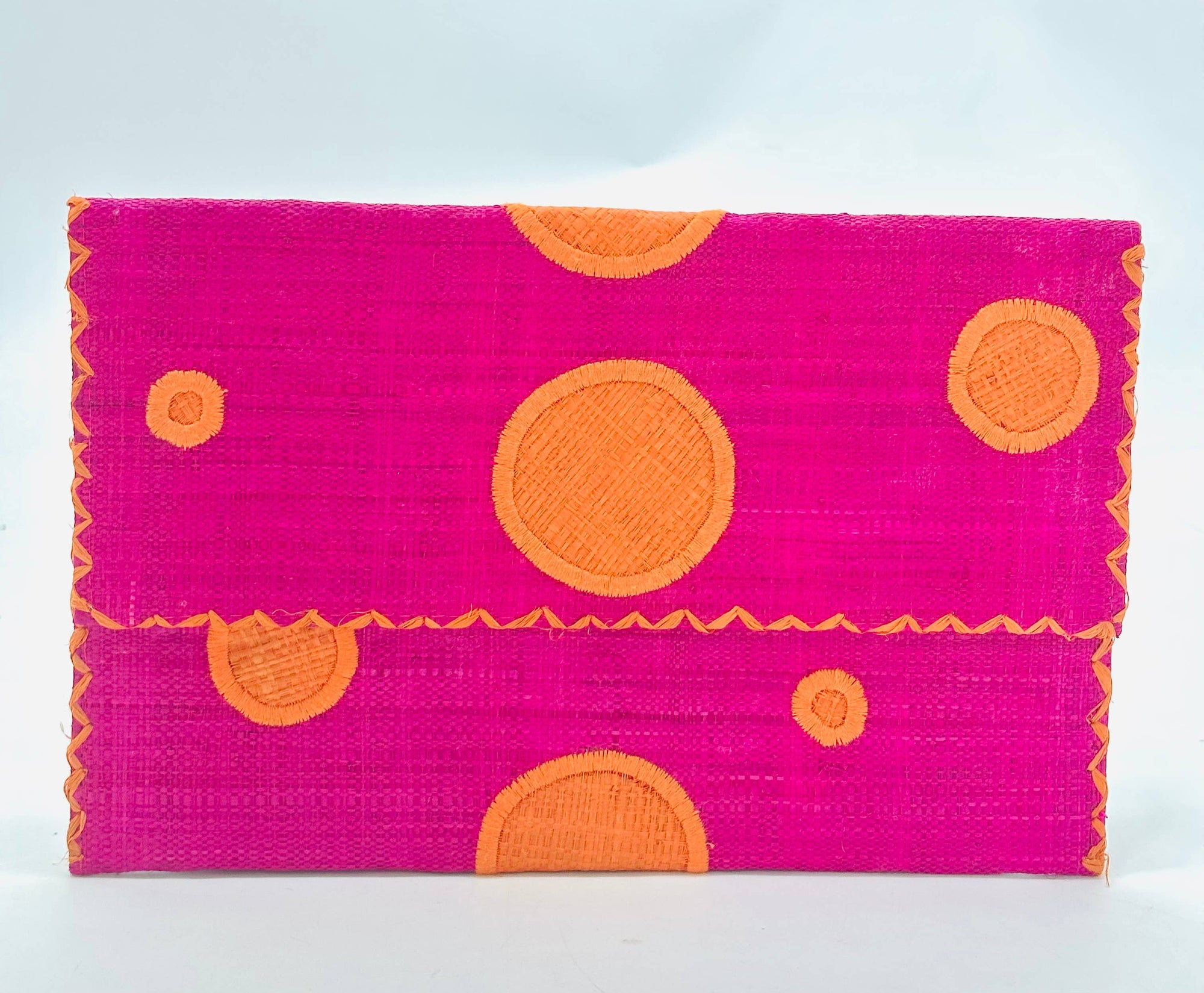 Polka Dot Straw Envelope Clutch Purse: Fuschia