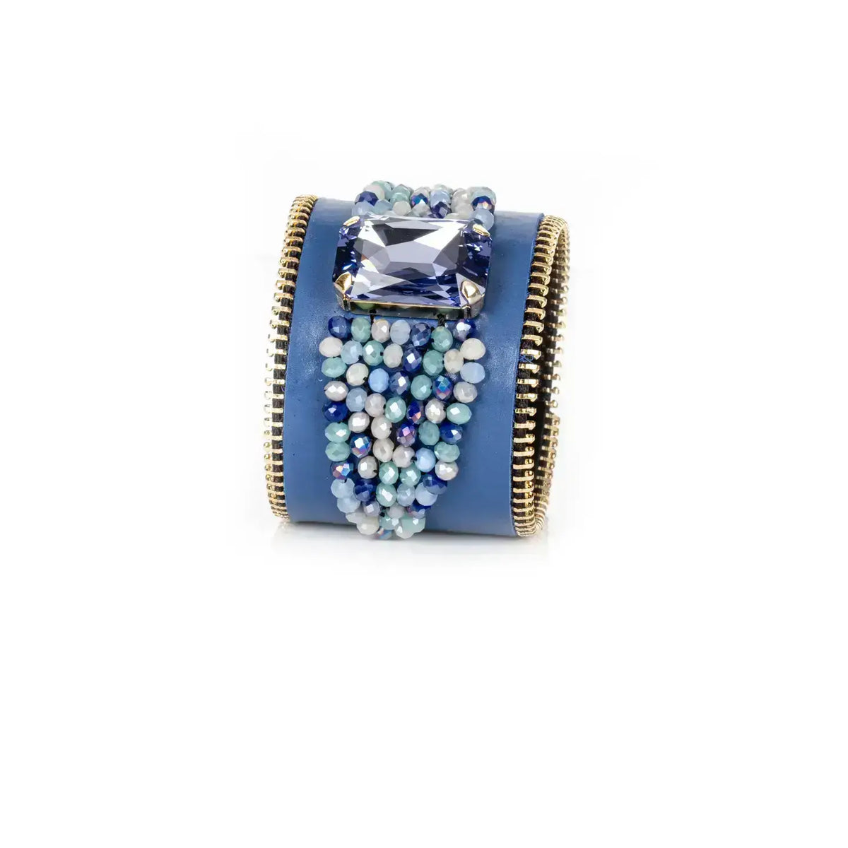 Azure Cascade Cuff Blue Leather Crystal Drop Statement