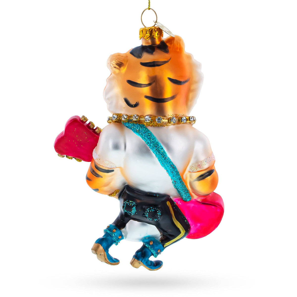 Tiger Playing Bass Guitar Blown Glass Ornament