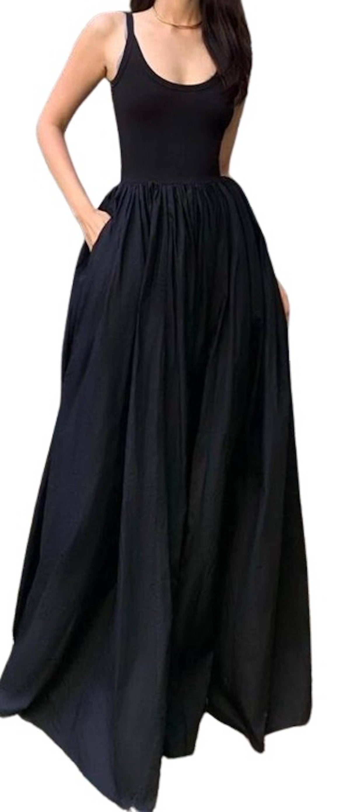 Knit-Woven Cami Maxi Dress with Pockets: