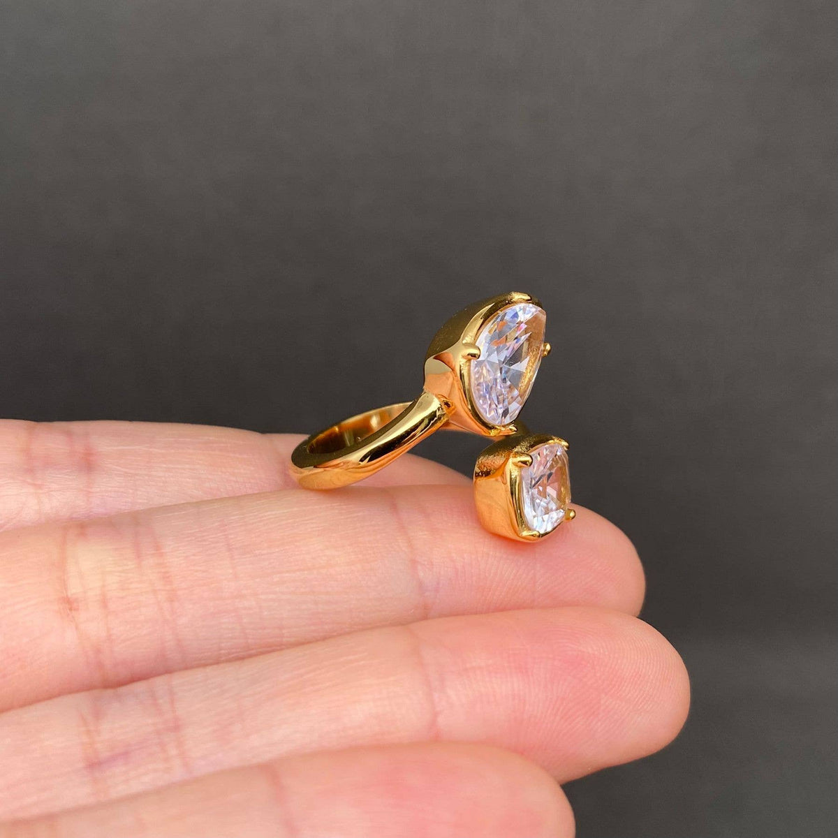Double Zircon 18K Gold Plated Stainless Steel Ring - FGS