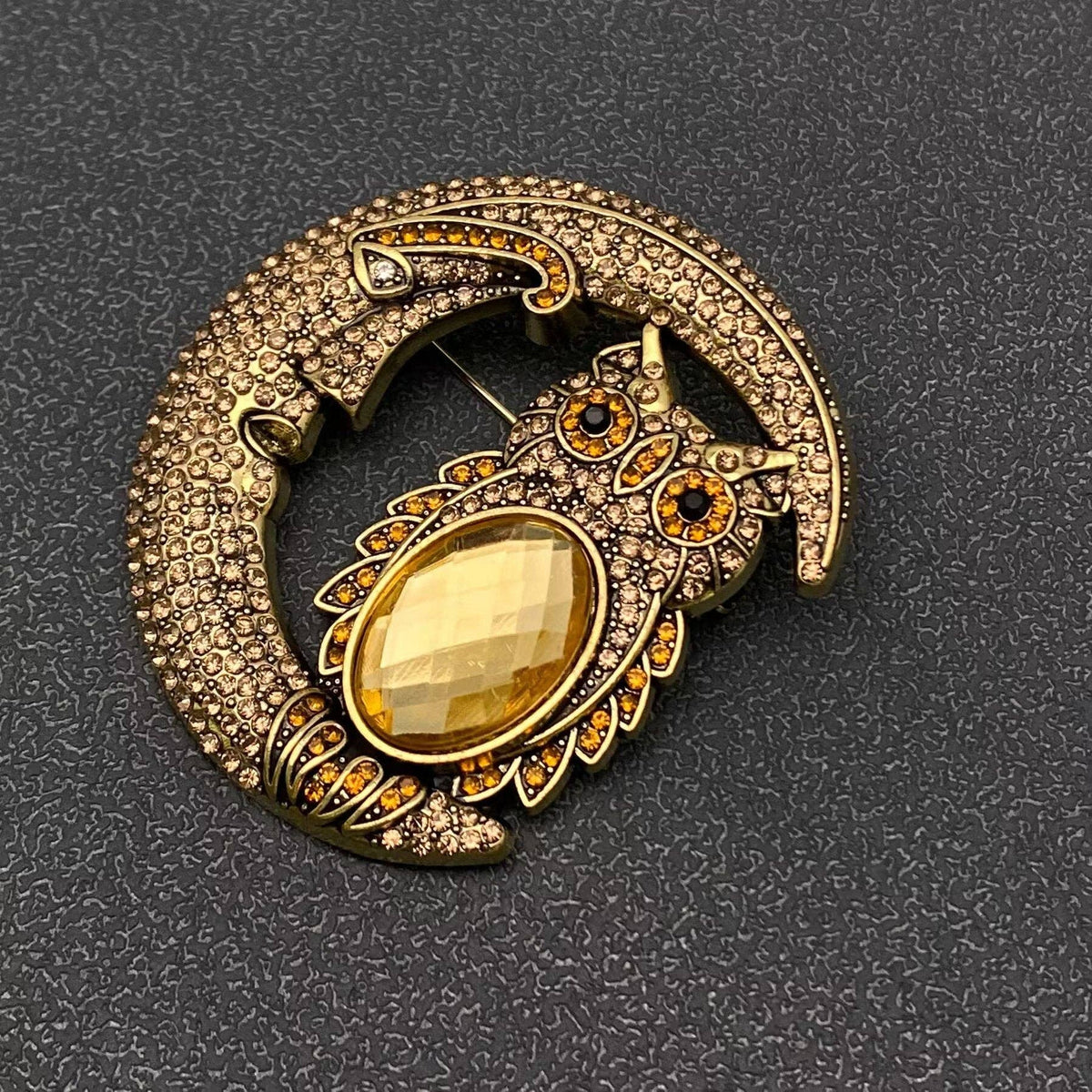 Sparkling Rhinestone Moon &amp; Galss Owl Brooch