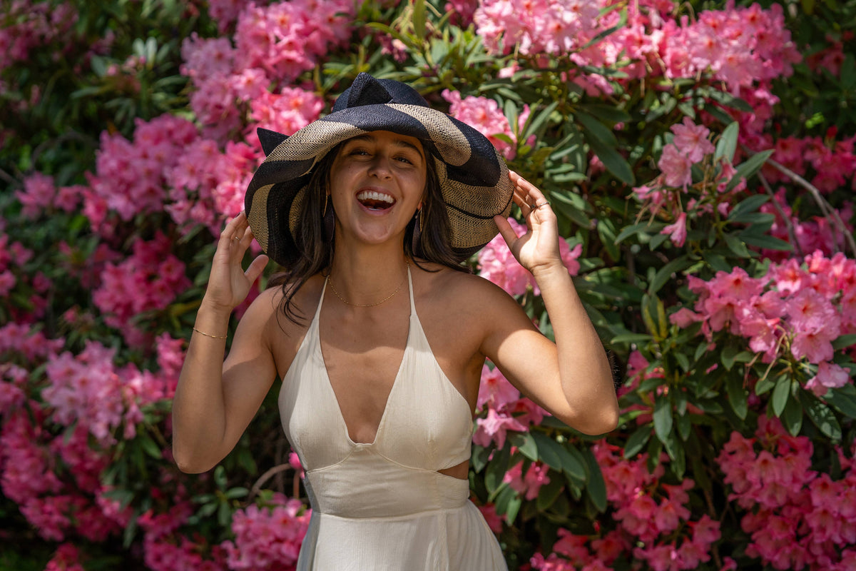 Audrey 5" Wide Brim Big Bow Stripe Straw Sun Hats