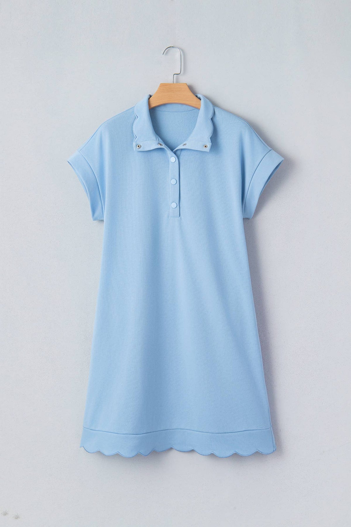 Snap Button Polo Collar Scallop Hem Mini Dress (S-XL)