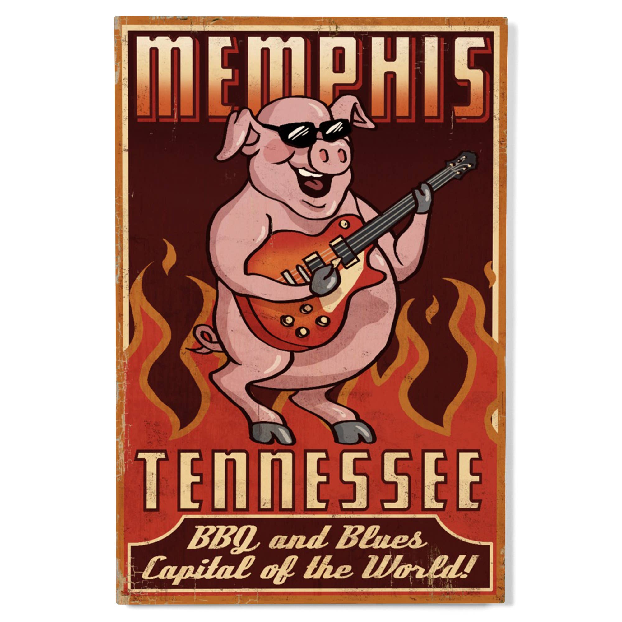 PREMIUM WOOD SIGN Memphis, Tennesseee, Guitar Pig