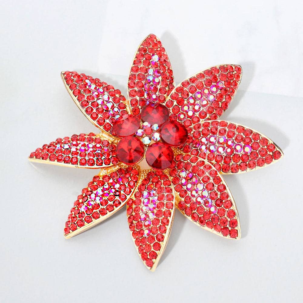 Stone Embellished Flower Pin Brooch: Red