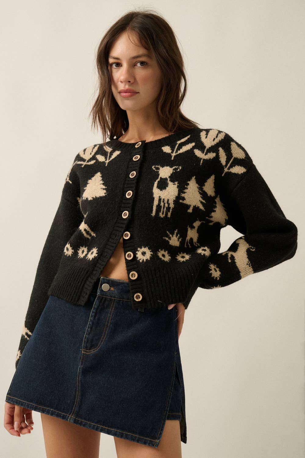 Forest Motif Knit Button-Front Cropped Cardigan Sweater