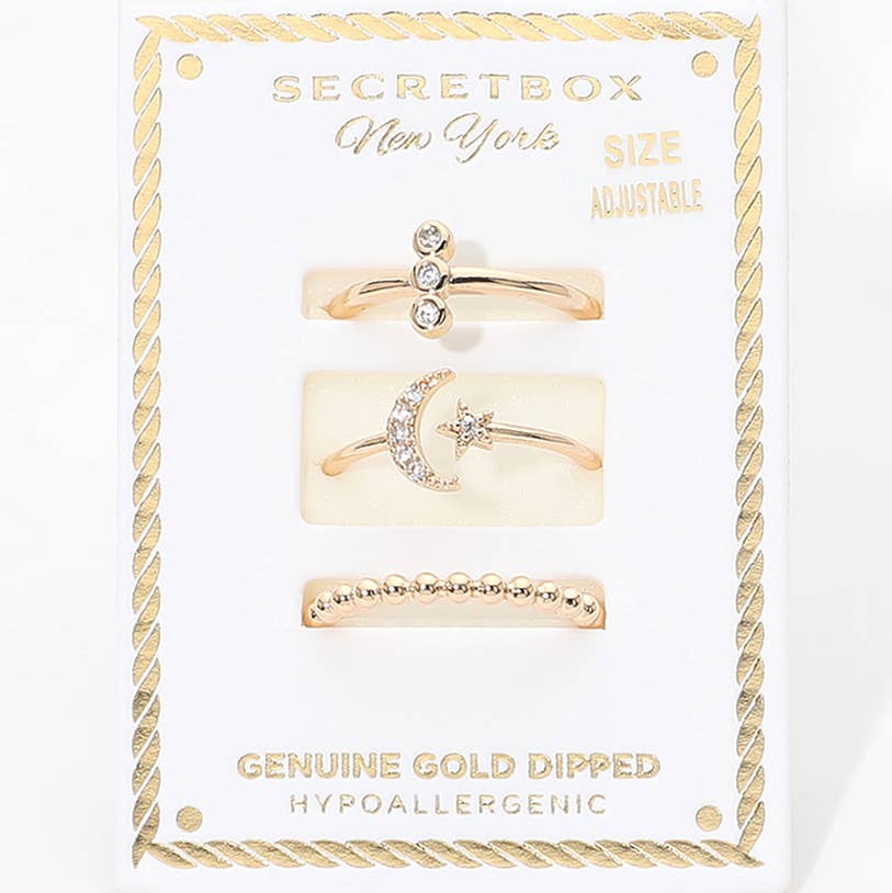 Genuine Gold Dipped Stone Pave Crescent Moon Star Beaded Stackable Ring Set
