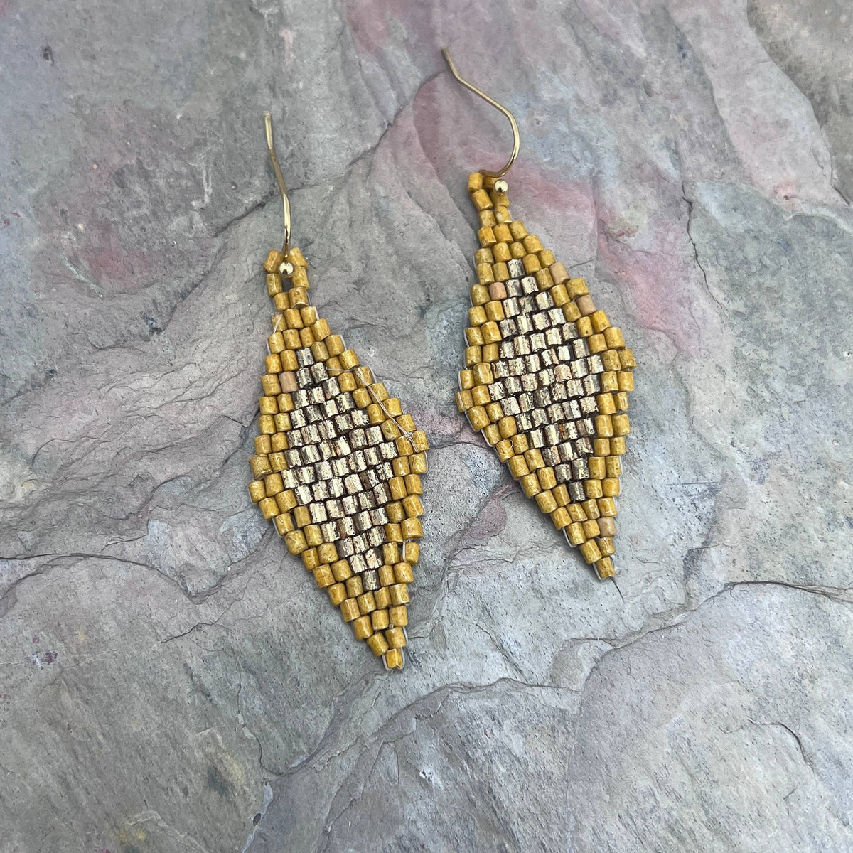 Seed Bead Diamond Shaped Earrings - Multiple Color Styles: Mustard &amp; Gold