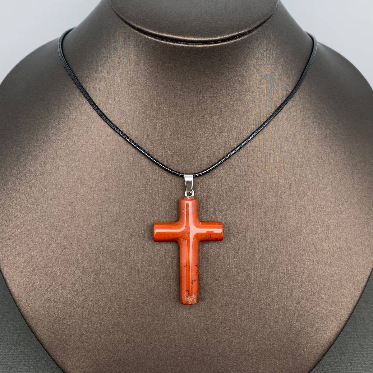 Stone Cross Charm Black Waxed Cord Necklace - CS