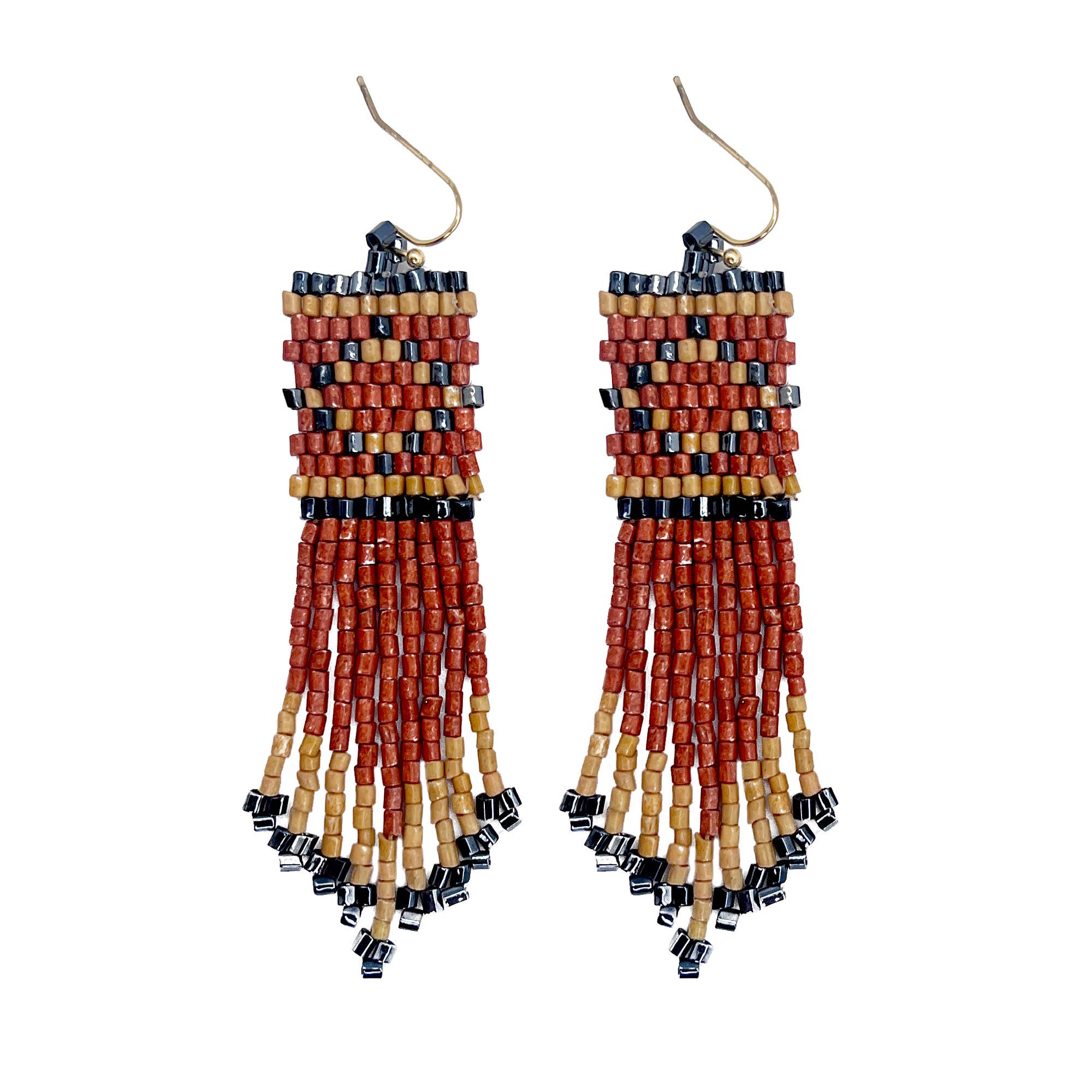 Seed Bead Tribal Fringe Earrings - Multiple Color Styles: Rust Tribal