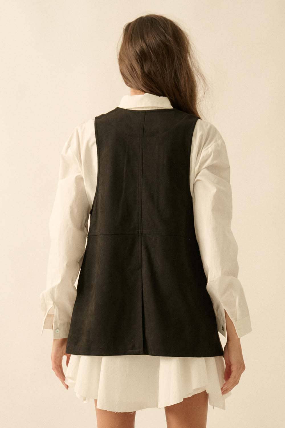 Floral-Embroidered Faux Suede Snap-Front Vest